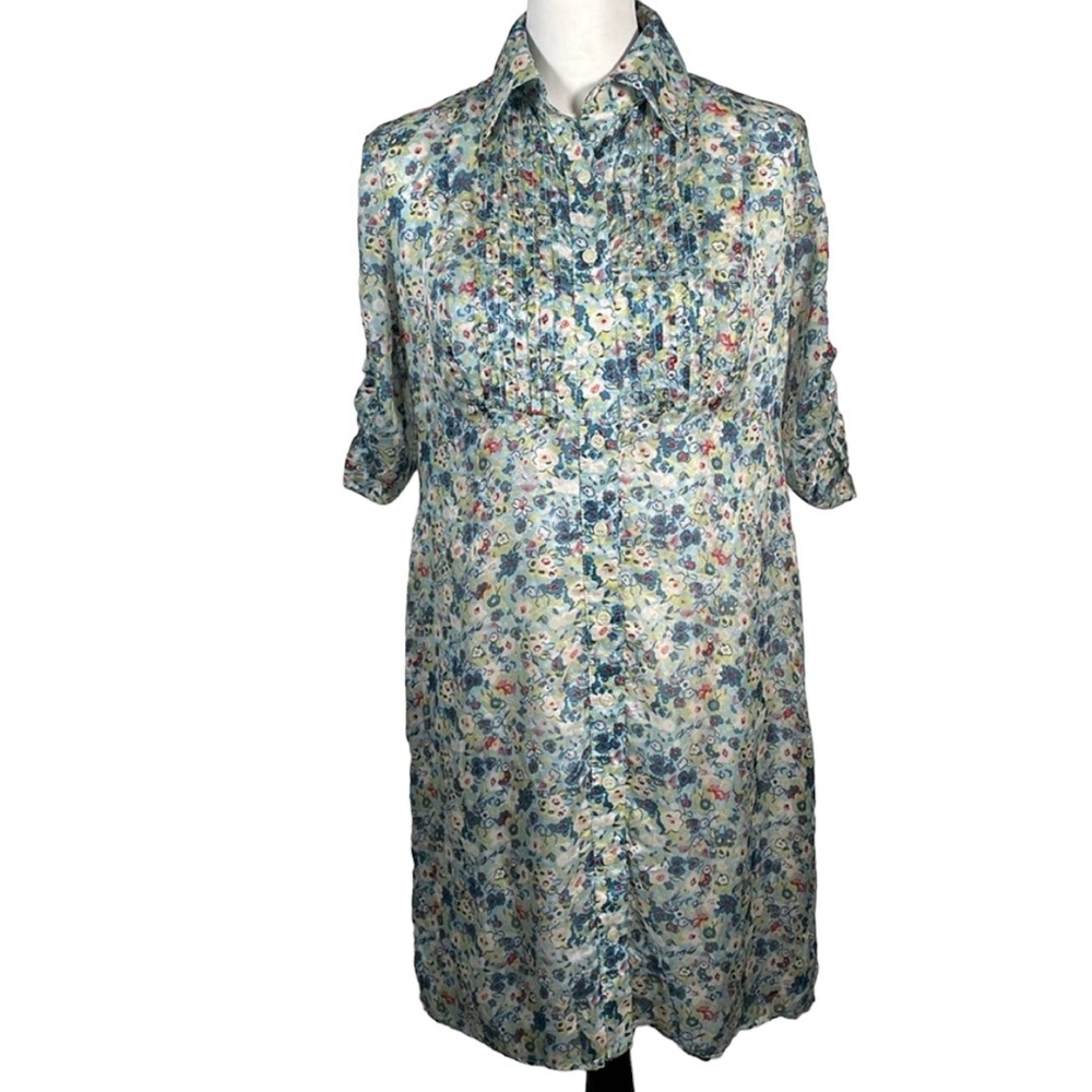 Cb established Green white floral Button Down Collared Short Sleeve Dress 14